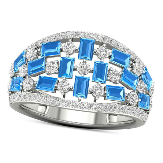 Baguette Swiss Blue and White Topaz and 0.20 CT. T.W. Natural Diamond Edge Quilt Ring in Solid 10K White Gold