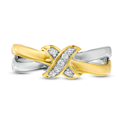 0.05 CT. T.W. Natural Diamond X" Engravable Crossover Split Shank Promise Ring in Sterling Silver and Solid 10K Yellow Gold (1 Line)"