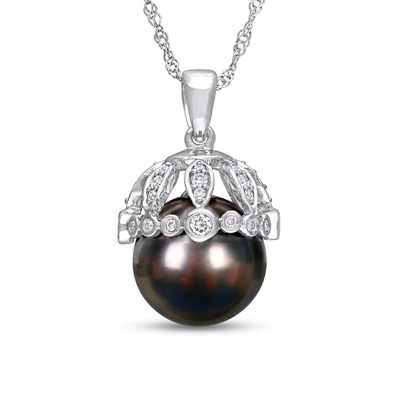9.0-9.5mm Black Cultured Tahitian Pearl and 0.25 CT. T.W. Natural Diamond Crown Pendant in 14K White Gold- 17