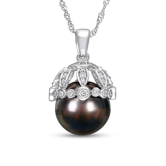 9.0-9.5mm Black Cultured Tahitian Pearl and 0.25 CT. T.W. Natural Diamond Crown Pendant in 14K White Gold- 17