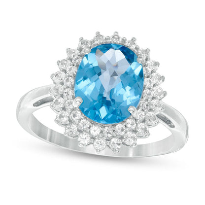 Oval Swiss Blue and White Topaz Starburst Double Frame Ring in Sterling Silver