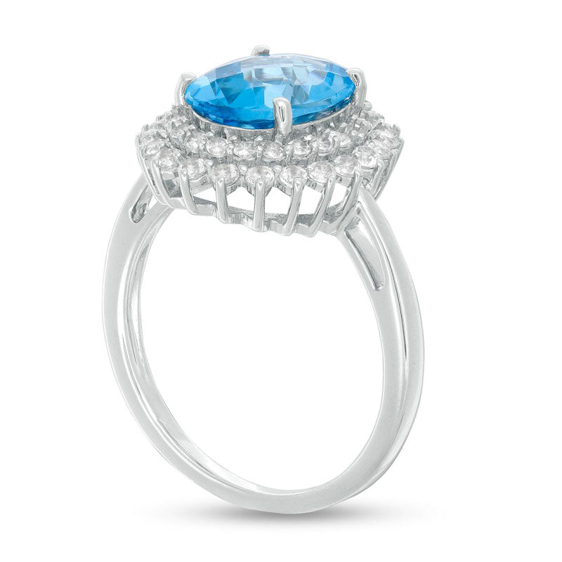 Oval Swiss Blue and White Topaz Starburst Double Frame Ring in Sterling Silver
