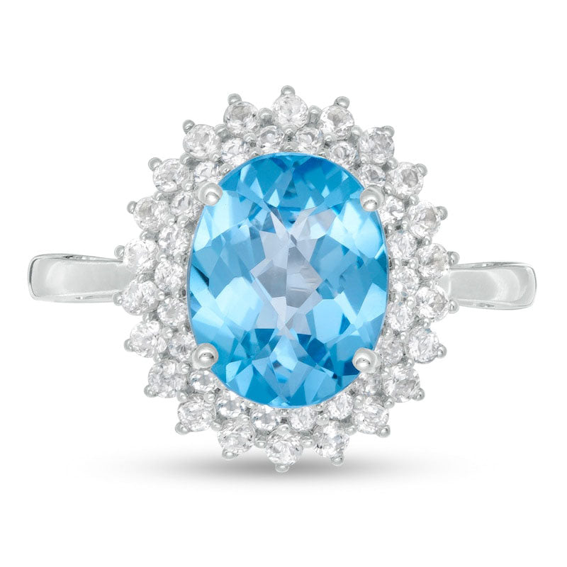 Oval Swiss Blue and White Topaz Starburst Double Frame Ring in Sterling Silver