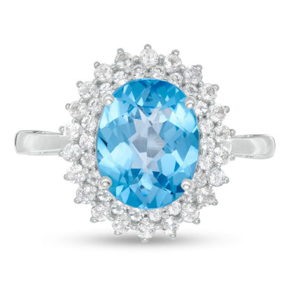 Oval Swiss Blue and White Topaz Starburst Double Frame Ring in Sterling Silver