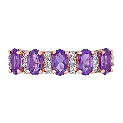 Oval Amethyst and 0.17 CT. T.W. Natural Diamond Five Stone Ring in Solid 14K Rose Gold