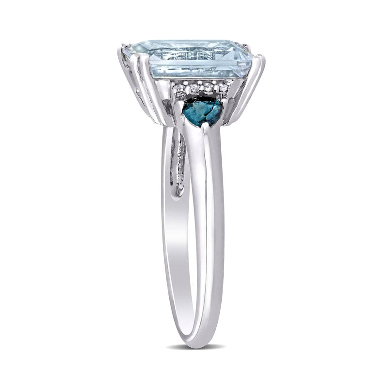 Emerald-Cut Aquamarine, Trillion-Cut Blue Sapphire and 0.05 CT. T.W. Natural Diamond Collar Ring in Sterling Silver