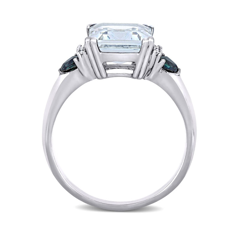 Emerald-Cut Aquamarine, Trillion-Cut Blue Sapphire and 0.05 CT. T.W. Natural Diamond Collar Ring in Sterling Silver
