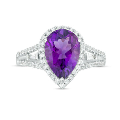 Pear-Shaped Amethyst and Lab-Created White Sapphire Frame Triple Row Split Shank Ring in Sterling Silver