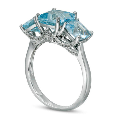Cushion-Cut Aquamarine and 0.13 CT. T.W. Natural Diamond Three Stone Ring in Solid 14K White Gold - Size 7