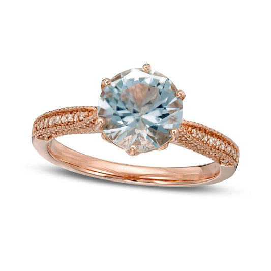 8.0mm Aquamarine and 0.20 CT. T.W. Natural Diamond Antique Vintage-Style Ring in Solid 14K Rose Gold - Size 7