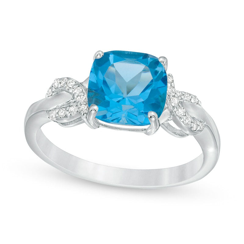 8.0mm Cushion-Cut Blue Topaz and 0.10 CT. T.W. Natural Diamond Ribbons Ring in Sterling Silver