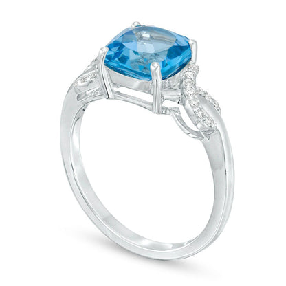 8.0mm Cushion-Cut Blue Topaz and 0.10 CT. T.W. Natural Diamond Ribbons Ring in Sterling Silver