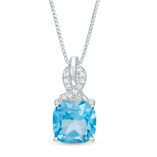 8.0mm Cushion-Cut Blue Topaz and 0.05 CT. T.W. Natural Diamond Ribbon Top Pendant in Sterling Silver