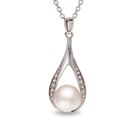 8.5-9.0mm Button Cultured Freshwater Pearl and White Topaz Teardrop Pendant in Sterling Silver - 20
