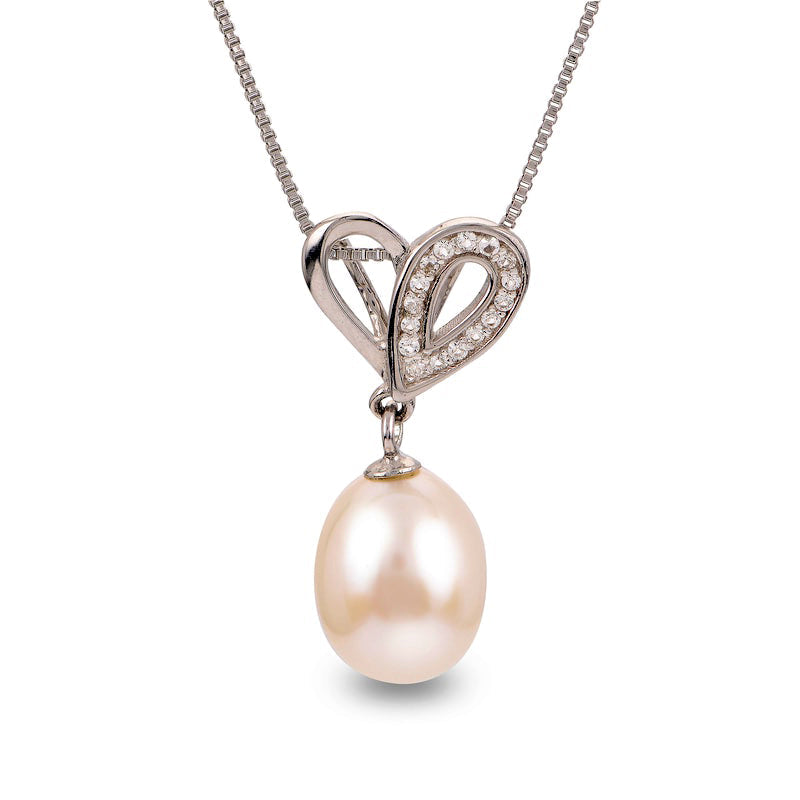 9.0-9.5mm Oval Cultured Freshwater Pearl and White Topaz Double Loop Heart Pendant in Sterling Silver