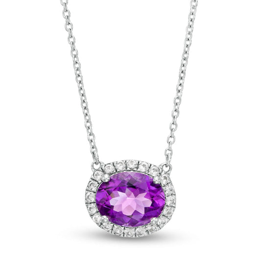 Sideways Oval Amethyst and Lab-Created White Sapphire Frame Necklace in Sterling Silver