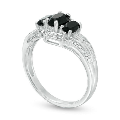 Oval Onyx and White Topaz Beaded Bypass Ring in Sterling Silver