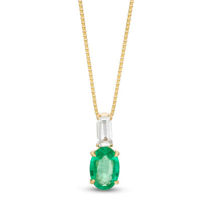 Oval Emerald and Baguette-Cut White Topaz Pendant in 10K Yellow Gold