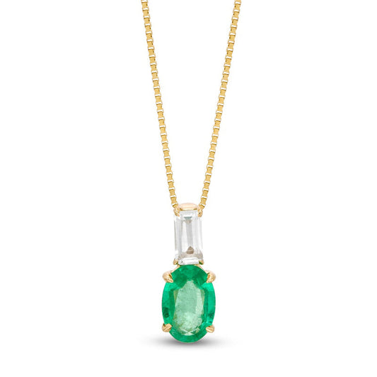Oval Emerald and Baguette-Cut White Topaz Pendant in 10K Yellow Gold