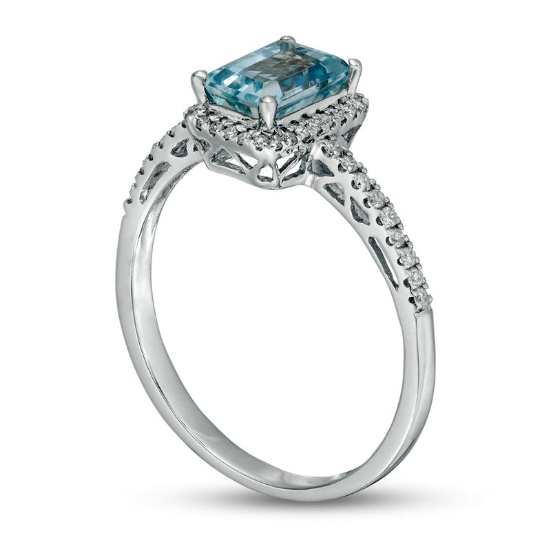 Emerald-Cut Aquamarine and 0.17 CT. T.W. Natural Diamond Frame Ring in Solid 14K White Gold