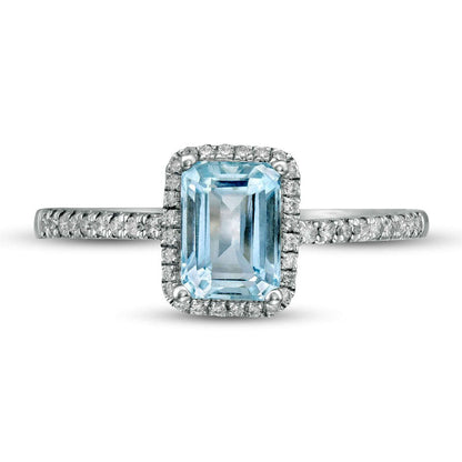 Emerald-Cut Aquamarine and 0.17 CT. T.W. Natural Diamond Frame Ring in Solid 14K White Gold