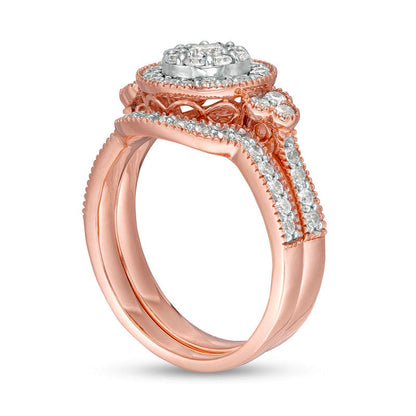 1.0 CT. T.W. Natural Diamond Frame Tri-Sides Antique Vintage-Style Bridal Engagement Ring Set in Solid 10K Rose Gold