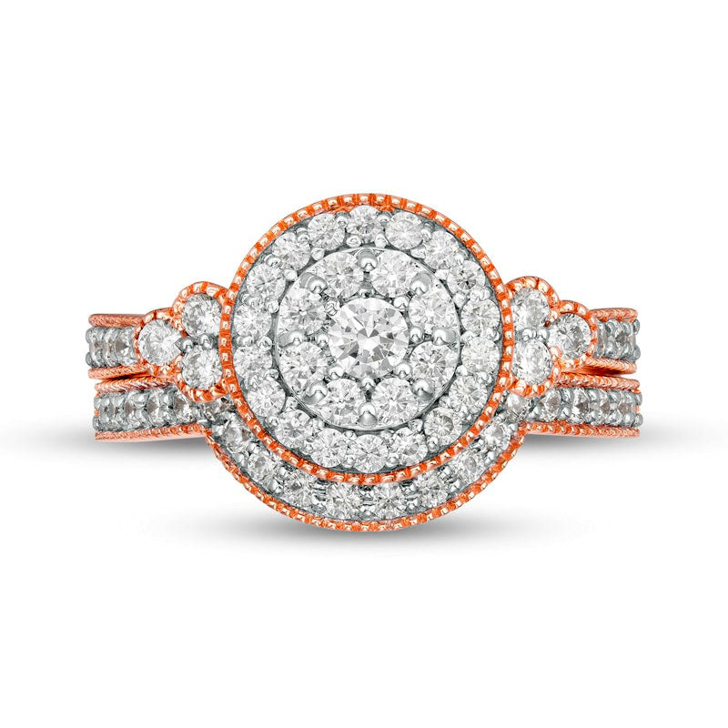 1.0 CT. T.W. Natural Diamond Frame Tri-Sides Antique Vintage-Style Bridal Engagement Ring Set in Solid 10K Rose Gold