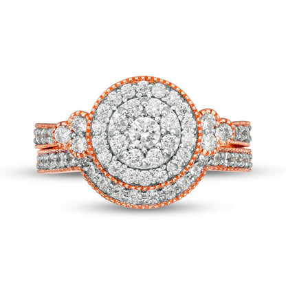 1.0 CT. T.W. Natural Diamond Frame Tri-Sides Antique Vintage-Style Bridal Engagement Ring Set in Solid 10K Rose Gold