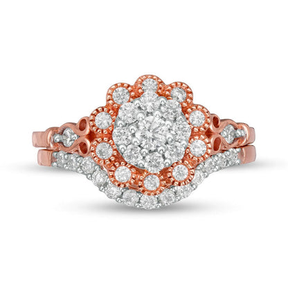 0.63 CT. T.W. Composite Natural Diamond Scallop Frame Antique Vintage-Style Bridal Engagement Ring Set in Solid 10K Rose Gold