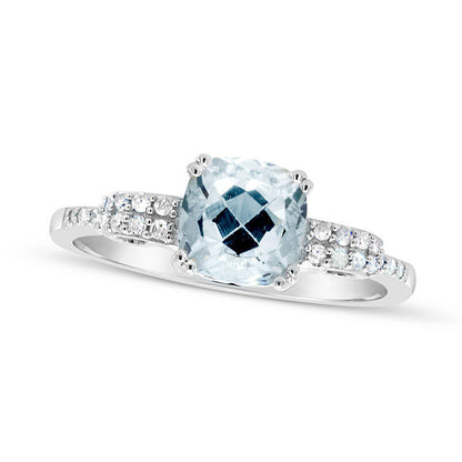 7.0mm Cushion-Cut Aquamarine and 0.10 CT. T.W. Natural Diamond Scrolling Ribbon Side Accent Ring in Sterling Silver