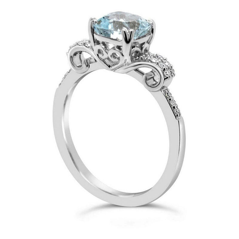7.0mm Cushion-Cut Aquamarine and 0.10 CT. T.W. Natural Diamond Scrolling Ribbon Side Accent Ring in Sterling Silver