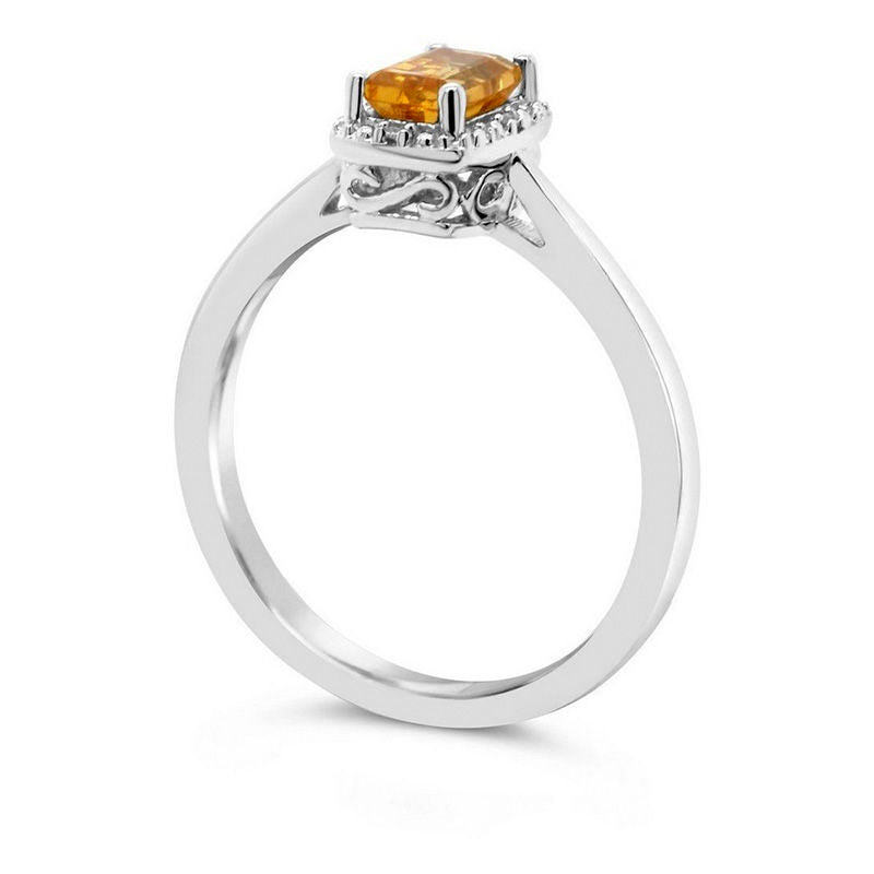 Emerald-Cut Citrine and Natural Diamond Accent Beaded Frame Ring in Sterling Silver