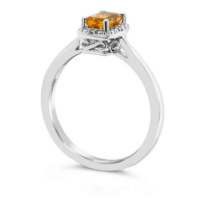 Emerald-Cut Citrine and Natural Diamond Accent Beaded Frame Ring in Sterling Silver