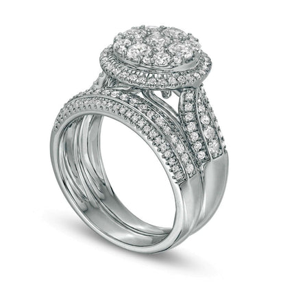 1.5 CT. T.W. Composite Natural Diamond Frame Multi-Row Bridal Engagement Ring Set in Solid 10K White Gold
