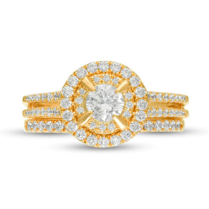 1.0 CT. T.W. Natural Diamond Double Frame Bridal Engagement Ring Set in Solid 10K Yellow Gold