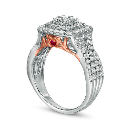 1.5 CT. T.W. Composite Natural Diamond Cushion Frame Multi-Row Engagement Ring in Solid 10K Two-Tone Gold