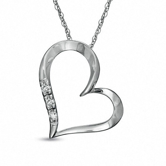 Natural Diamond Accent Three Stone Tilted Heart Pendant in 10K White Gold