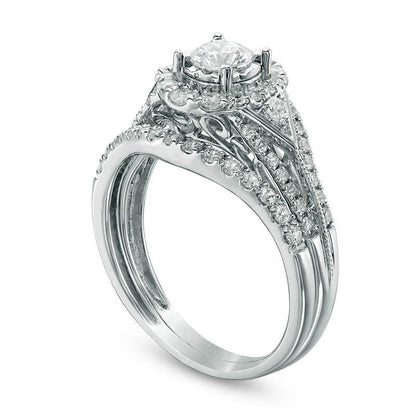 1.0 CT. T.W. Natural Diamond Frame Tri-Sides Split Shank Bridal Engagement Ring Set in Solid 14K White Gold