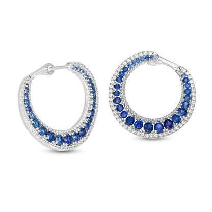 Lab-Created Blue and White Sapphire Graduated Double Row Curved Hoop Earrings in Sterling Silver
