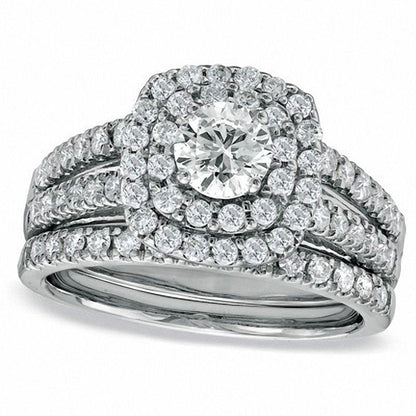 1.5 CT. T.W. Natural Diamond Double Frame Bridal Engagement Ring Set in Solid 14K White Gold