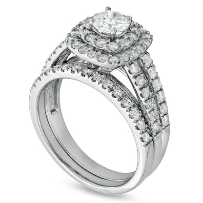 1.5 CT. T.W. Natural Diamond Double Frame Bridal Engagement Ring Set in Solid 14K White Gold