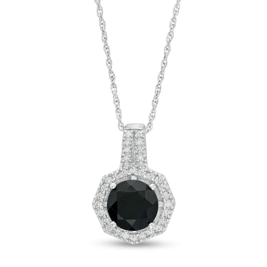 8.0mm Black and Lab-Created White Sapphire Octagonal Frame Pendant in Sterling Silver