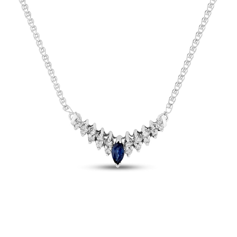 Marquise Blue Sapphire and 0.25 CT. T.W. Natural Diamond Chevron Necklace in 14K White Gold - 16.75