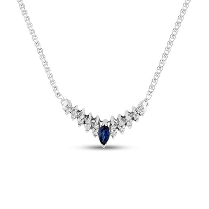 Marquise Blue Sapphire and 0.25 CT. T.W. Natural Diamond Chevron Necklace in 14K White Gold - 16.75