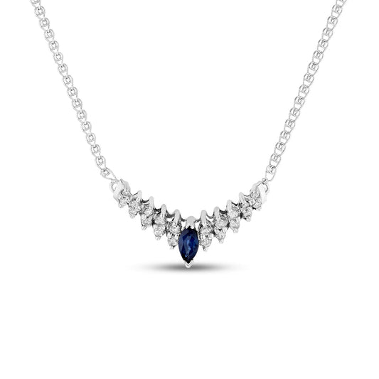 Marquise Blue Sapphire and 0.25 CT. T.W. Natural Diamond Chevron Necklace in 14K White Gold - 16.75