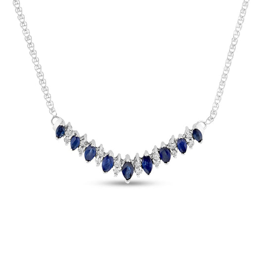 Marquise Blue Sapphire and 0.25 CT. T.W. Natural Diamond Chevron Necklace in 14K White Gold - 17.5