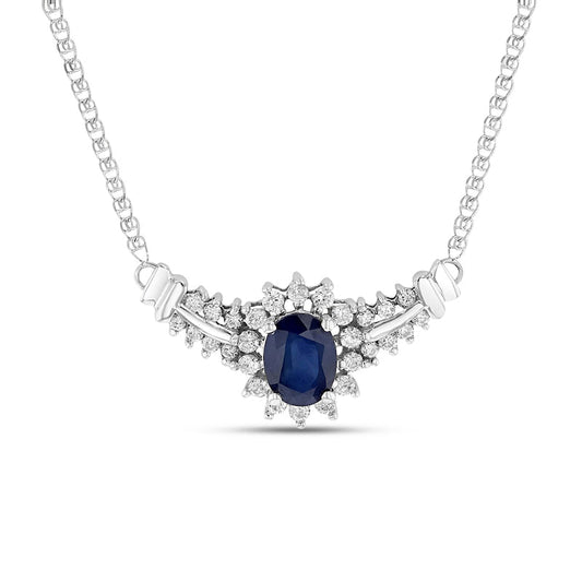 Oval Blue Sapphire and 0.5 CT. T.W. Natural Diamond Starburst Frame Necklace in 14K White Gold - 17