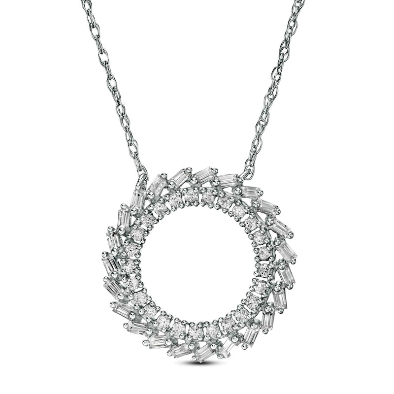 0.5 CT. T.W. Baguette and Round Natural Diamond Pinwheel Pendant in 10K White Gold