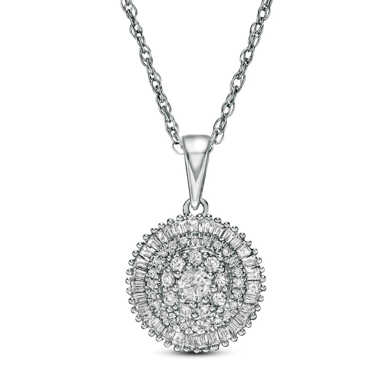 0.5 CT. T.W. Baguette and Round Natural Diamond Triple Frame Circle Pendant in 10K White Gold