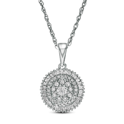 0.5 CT. T.W. Baguette and Round Natural Diamond Triple Frame Circle Pendant in 10K White Gold
